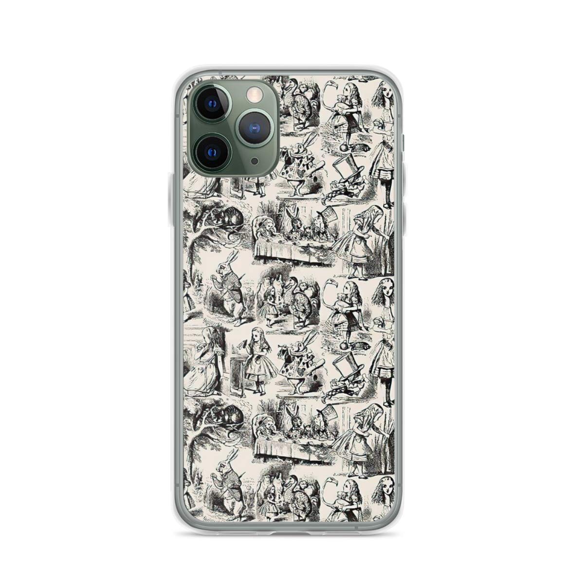 Vintage Toile De Jouy Pattern Phone Case - Beige & Black Alice in Wonderland Design | Compatible with iPhone 11/12/13 Pro Max/Mini/XR/SE & 7/8/6 Plus | Clear Protective Cover for Everyday Use, Travel & Gift Giving
