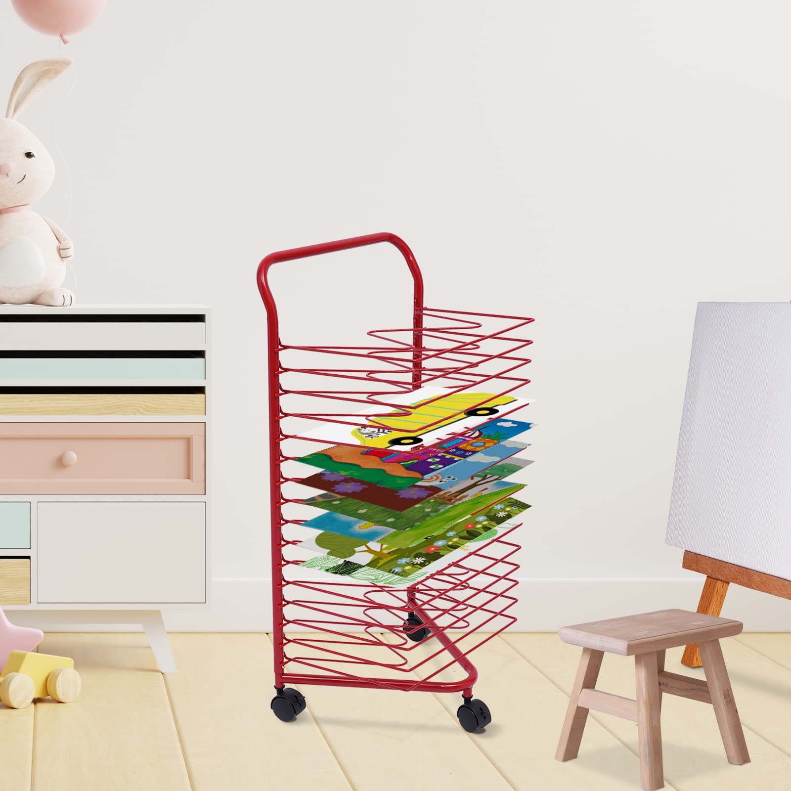 16-Shelf Metal Art Drying Rack with Wheels - Heavy Duty Classroom Paint Storage Display Organizer for Kids Artwork, School Projects & Craft Drying - Perfect for Art Rooms, Studios & Preschools