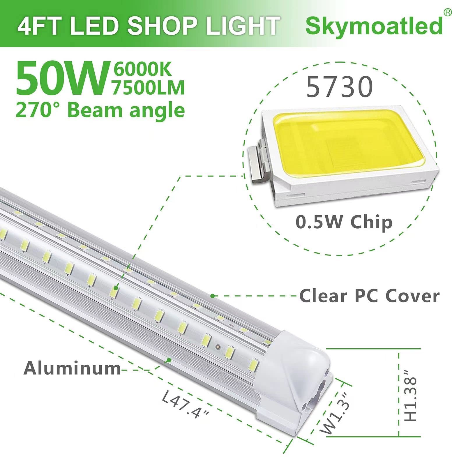8-Pack 4FT LED Shop Lights for Garage - 50W 6000K 7500LM Bright White Light - Hanging or Surface Mount - Linkable T8 4FT Tube Lamps for Warehouse, Workshop, Basement - Plug and Play - Perfect for Industrial Lighting, Home Garage, and Commercial Spaces