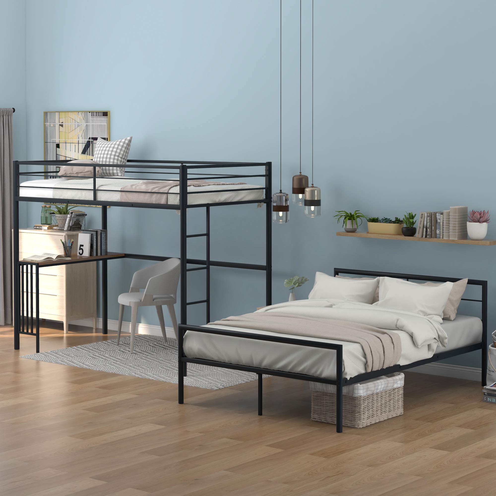 Metal Loft Bed Frame - Twin Over Full Bunk Bed with Study Desk, Ladder & Guardrails | Sturdy Metal Slats for Bedroom or Guest Room | Converts to 2 Separate Beds (Black) | Perfect for Small Spaces, Kids Rooms & College Dorms