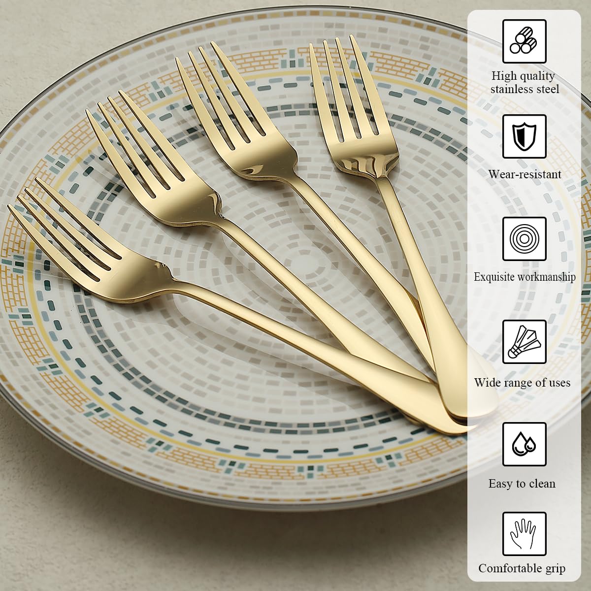 12-Piece Gold Plated Stainless Steel Dinner Forks Set - Elegant Titanium Gold Flatware for Home, Restaurant, Wedding & Parties - Perfect for Fine Dining, Special Events & Everyday Use