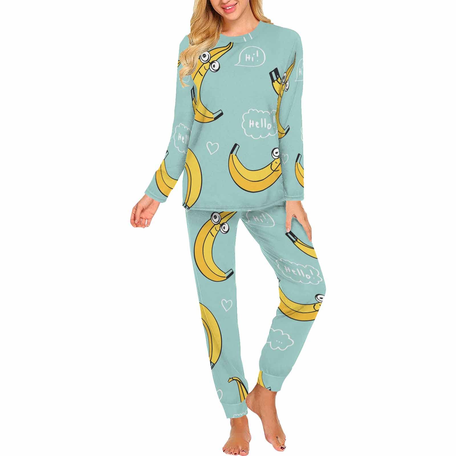 **InterestPrint Women's Cute Banana Print 2-Piece Sleepwear Set - Long Sleeve Pajamas & Lounge Pants for Comfortable Sleep & Relaxation at Home**