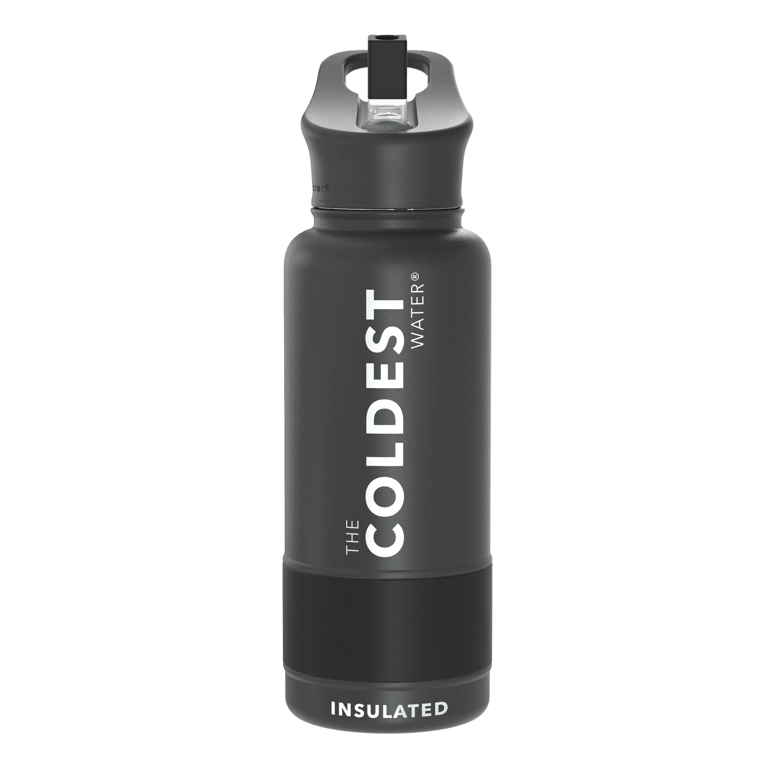 Coldest Sports Water Bottle with Straw Lid - 32oz Vacuum Insulated Stainless Steel Thermos - Leak Proof & Reusable for Gym, Hiking & Outdoor Activities (Stealth Black)