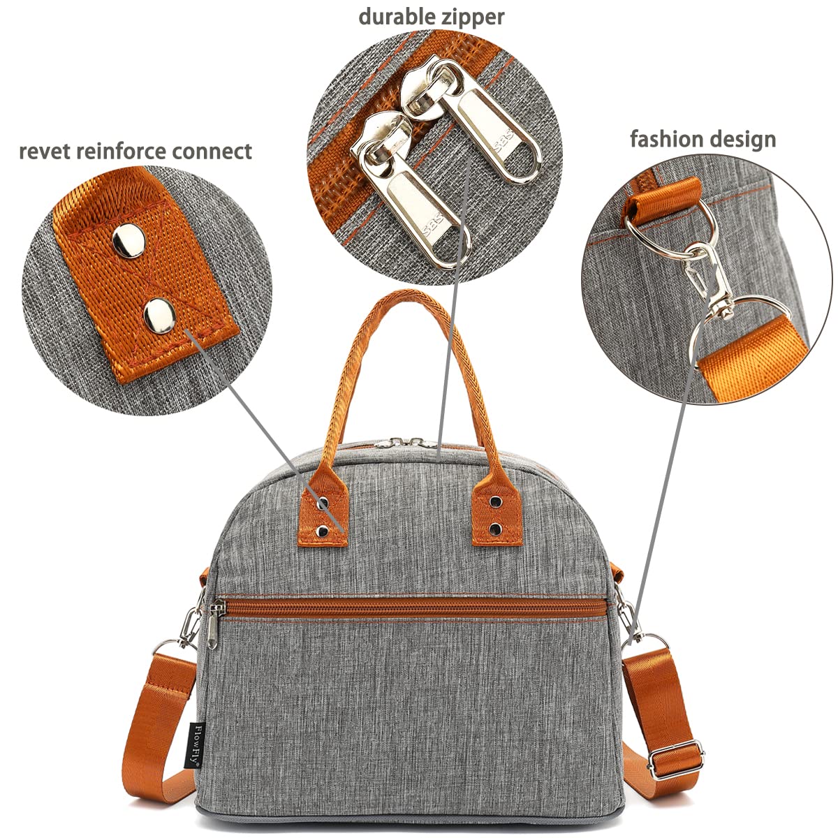 FlowFly Insulated Lunch Bag with Shoulder Strap - Large Reusable Freezable Cooler Tote for Women, Men & Kids - Perfect for Work, School, Travel & Meal Prep - Grey Lunch Box Organizer