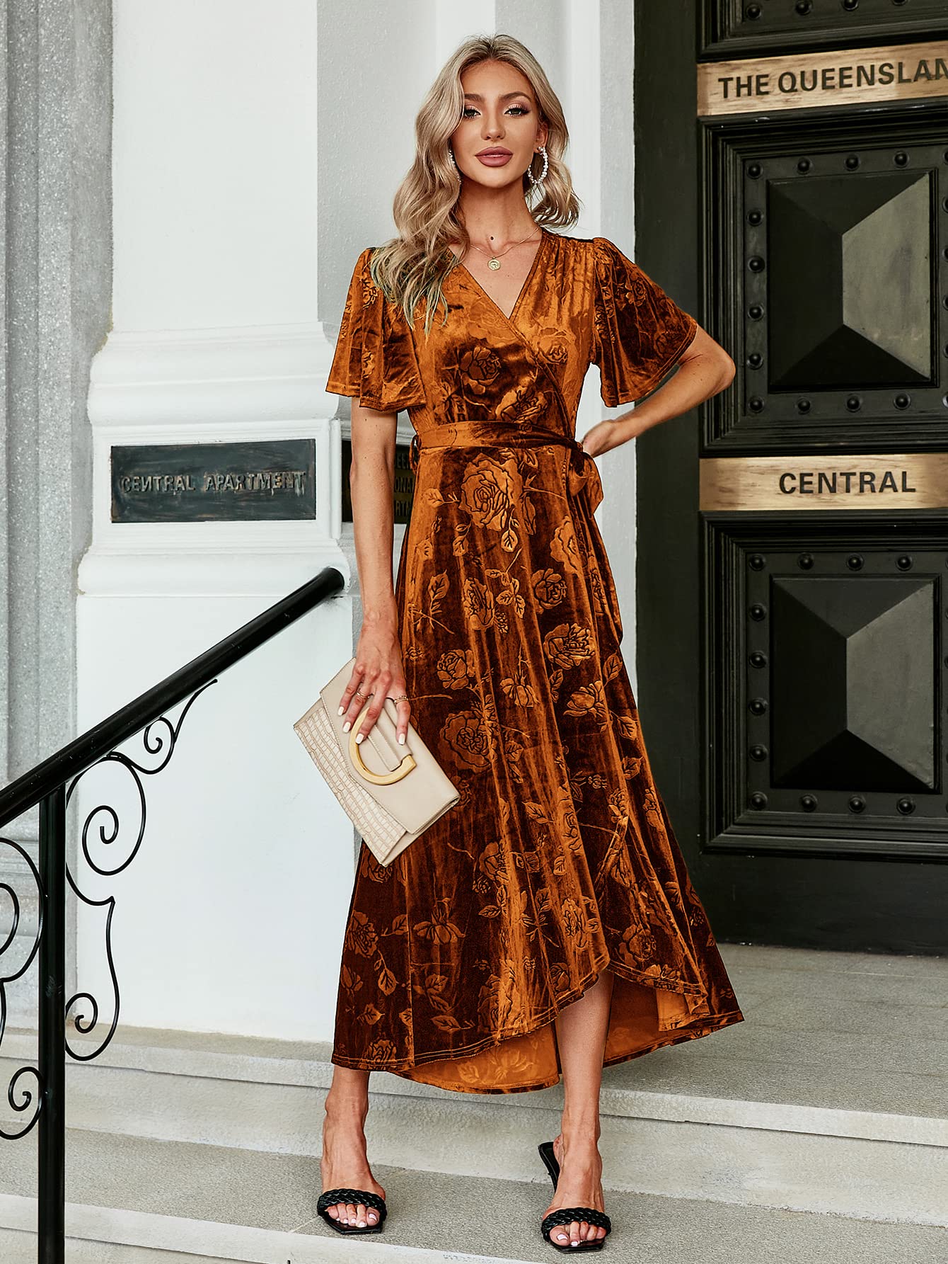 BerryGo Women's Velvet Floral Wrap Dress - Elegant Semi-Formal Maternity Maxi Dress with Ruffles for Wedding Guest, Prom, Winter Parties & Special Occasions