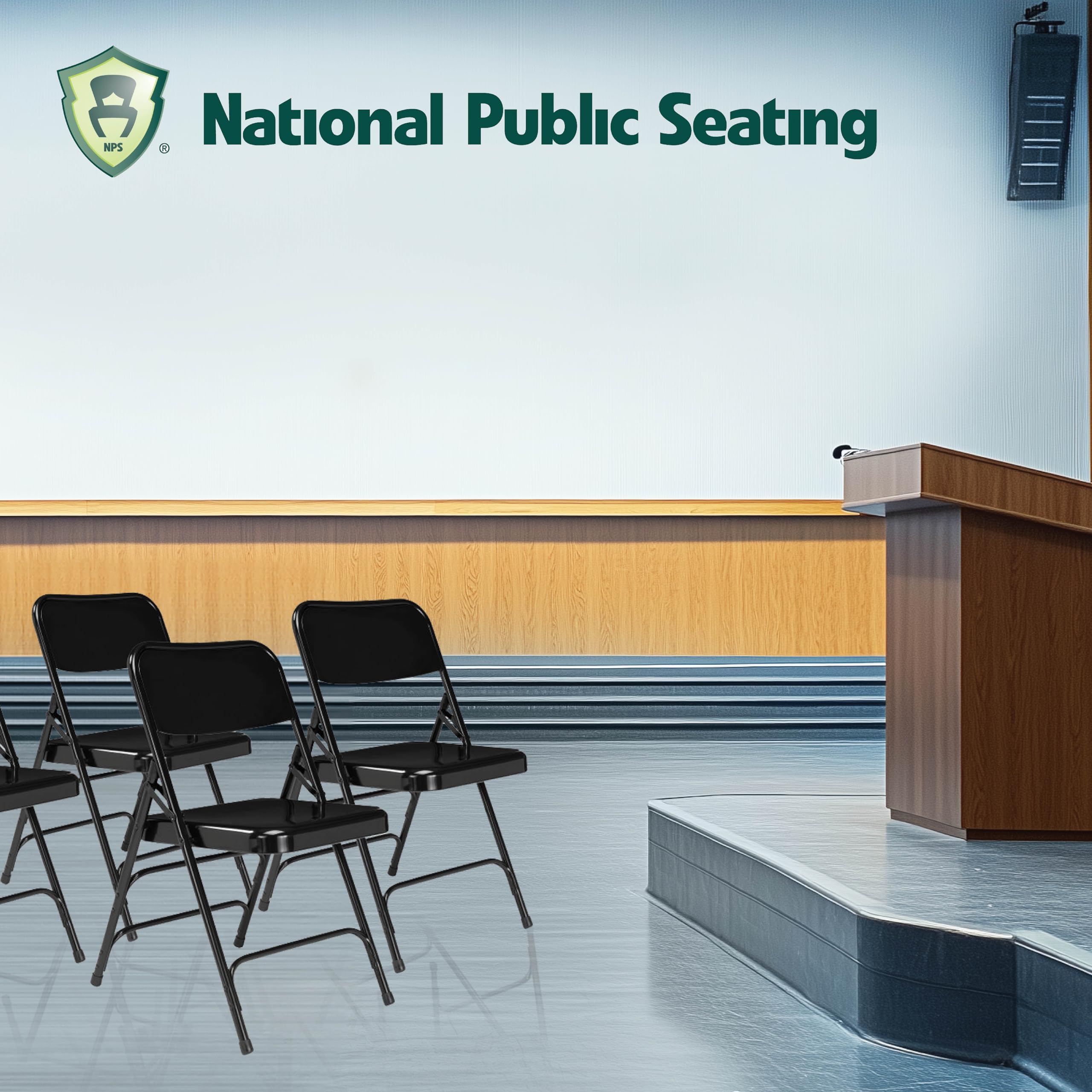 National Public Seating 300 Series Model 310 Heavy Duty All Steel Folding Chair - Triple Brace Support, 480 lbs Weight Capacity, Black (Set of 4) - Perfect for Events, Banquets, Conferences & Home Use