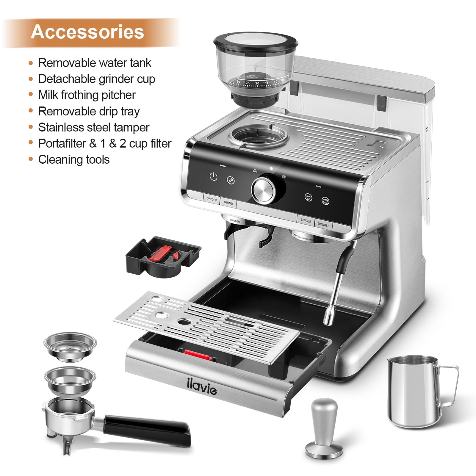 20 Bar Espresso Coffee Machine with Milk Frother - Professional Cappuccino & Latte Maker for Home & Office, 2.8L Removable Water Tank, Built-in Grinder - Perfect for Morning Brews, Afternoon Pick-Me-Ups & Entertaining Guests