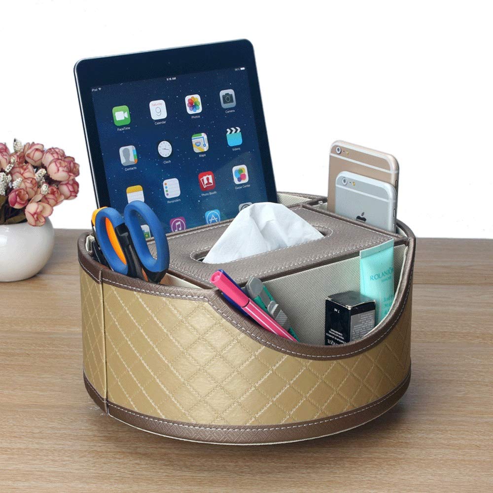 360° Rotating PU Leather Desk Organizer - Office Supplies & Stationery Storage Box with Pen Holder, Tissue Box Cover, Phone/Makeup Case for Home, School & Office Use (Champagne Color) - Perfect for Workspace Organization, Makeup Storage & Daily Essentials