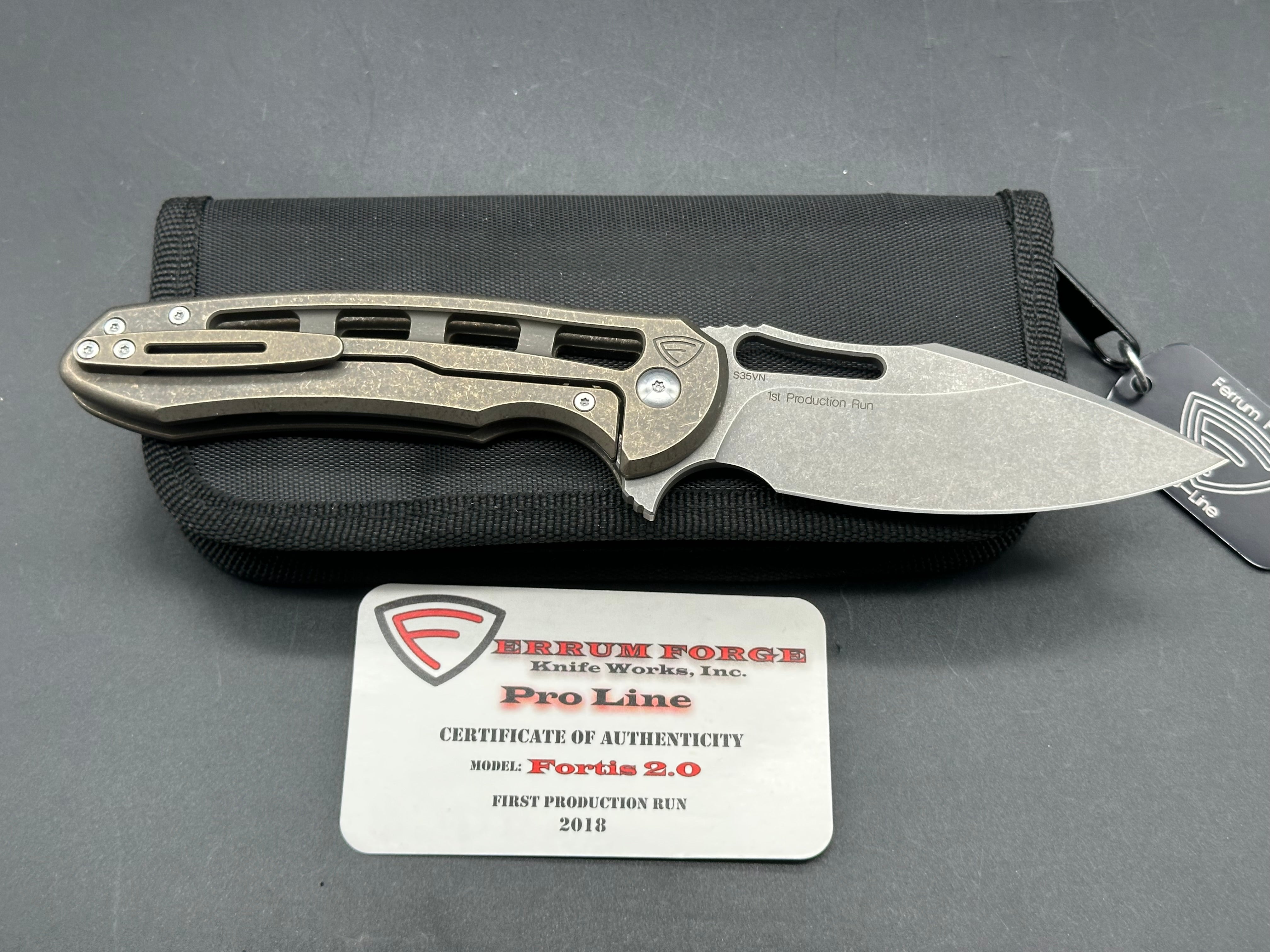 Ferrum Forge Pro Series Fortis 2.0 Folding Knife - Stonewashed CPM S35VN Blade & Bronze Anodized Titanium Handles - EDC Pocket Knife for Outdoor, Camping, Hiking and Survival Gear