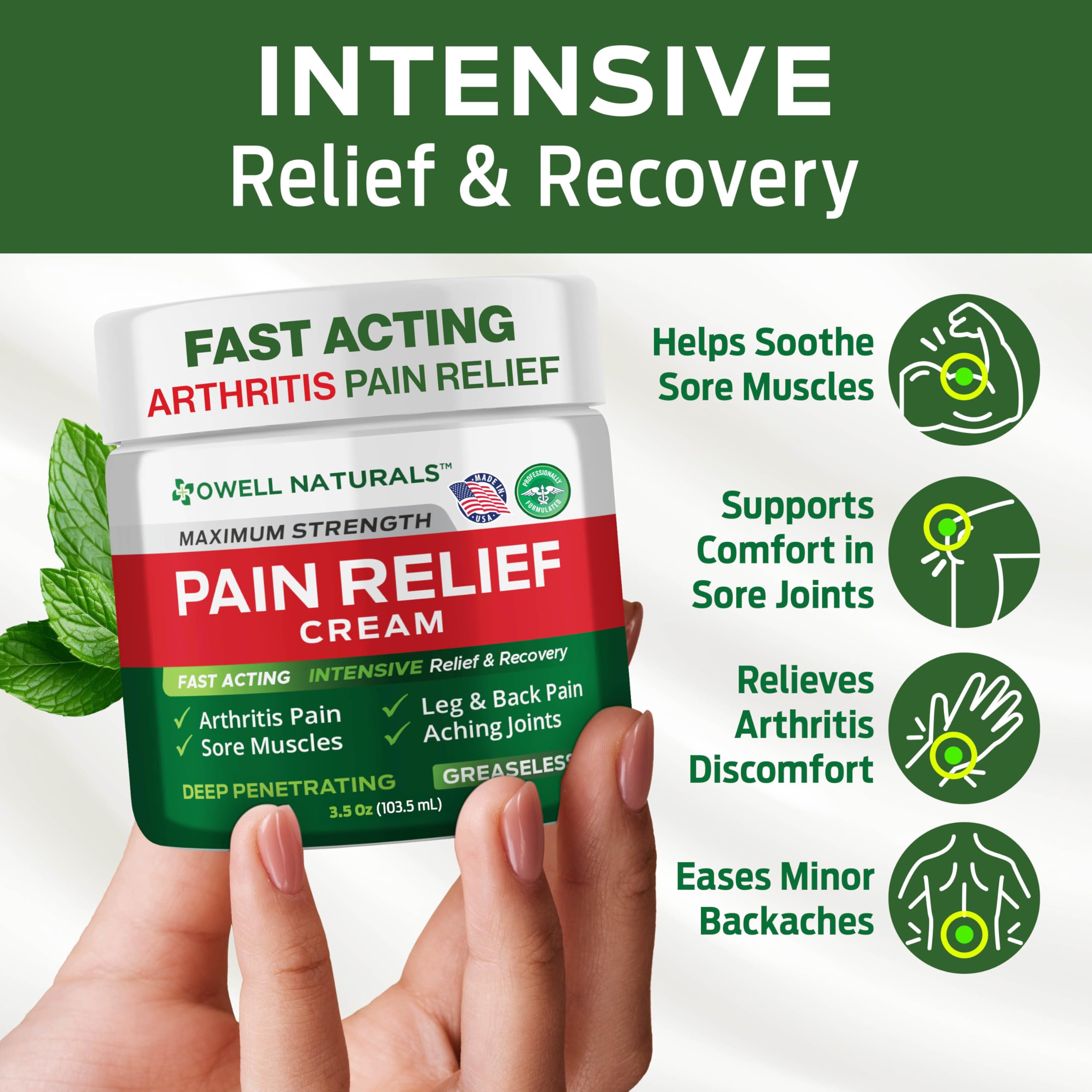 OWELL NATURALS Fast-Acting Arthritis Pain Relief Cream - Deep Penetrating Joint & Muscle Support for Back, Knee, Hands, Feet, Shoulders | Non-Greasy Formula with Natural Ingredients | 3.5 oz | Perfect for Active Lifestyles, Post-Workout Recovery & Daily Comfort