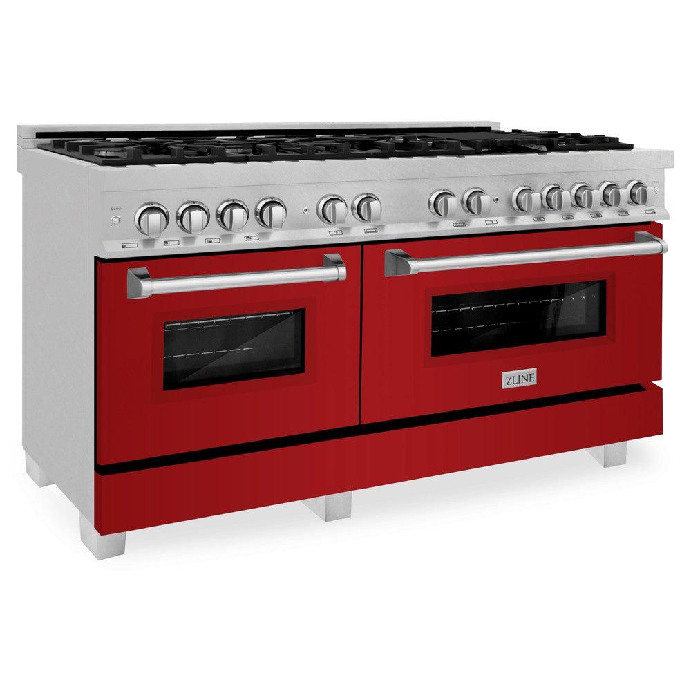 ZLINE 60-inch 7.4 cu. ft. Legacy Dual Fuel Range - 9 Burner Gas Cooktop & 2 Electric Convection Ovens - Satin Stainless Steel with Red Gloss Doors (RAS RG 60) - Perfect for Professional Home Chefs & Modern Kitchens