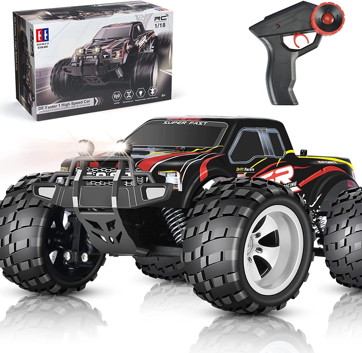 DOUBLE E 4WD Off Road Remote Control Monster Truck - 20 KM/H High Speed RC Car with Rechargeable Battery for Boys & Kids (Red) - Perfect for Outdoor Play, Backyard Racing & Birthday Gifts