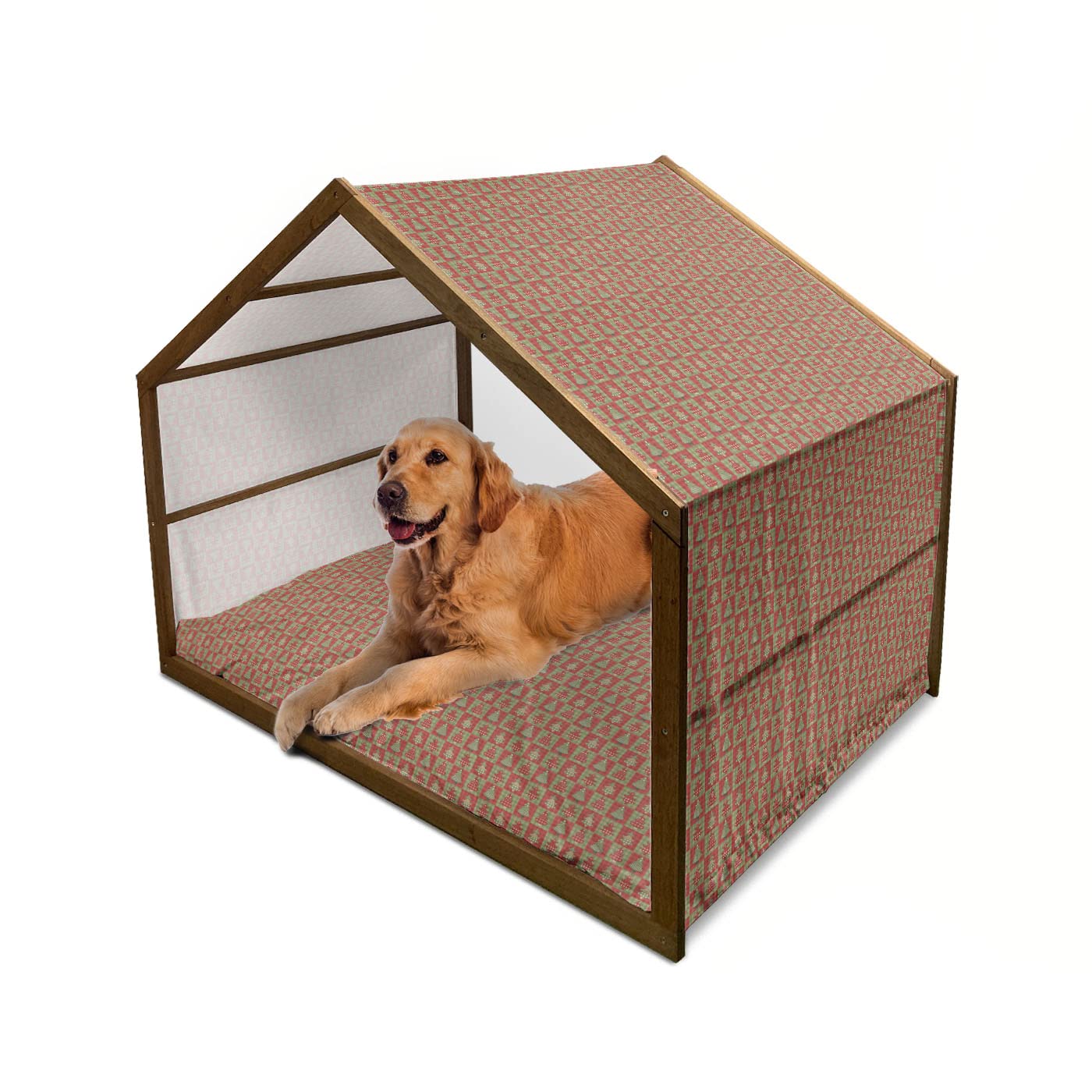 Ambesonne Christmas Wooden Dog House - Vintage Quilt Design with Noel Trees on Checkered Squares, Indoor & Outdoor Portable Pet Kennel with Pillow & Cover, 2X-Large in Ruby Reseda Green - Perfect for Holiday Decor & Cozy Pet Shelter