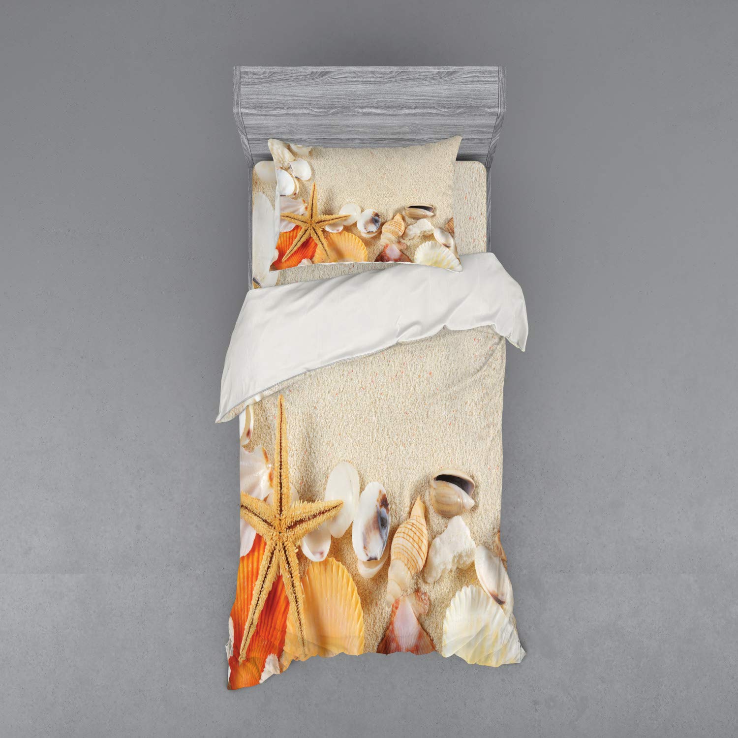 Ambesonne Seashells Duvet Cover Set - 3 Piece Twin Size Bedding with Sham & Fitted Sheet, Beige Ivory Cream - Coastal Beach Theme Decor for Bedroom, Vacation Home, or Romantic Getaway