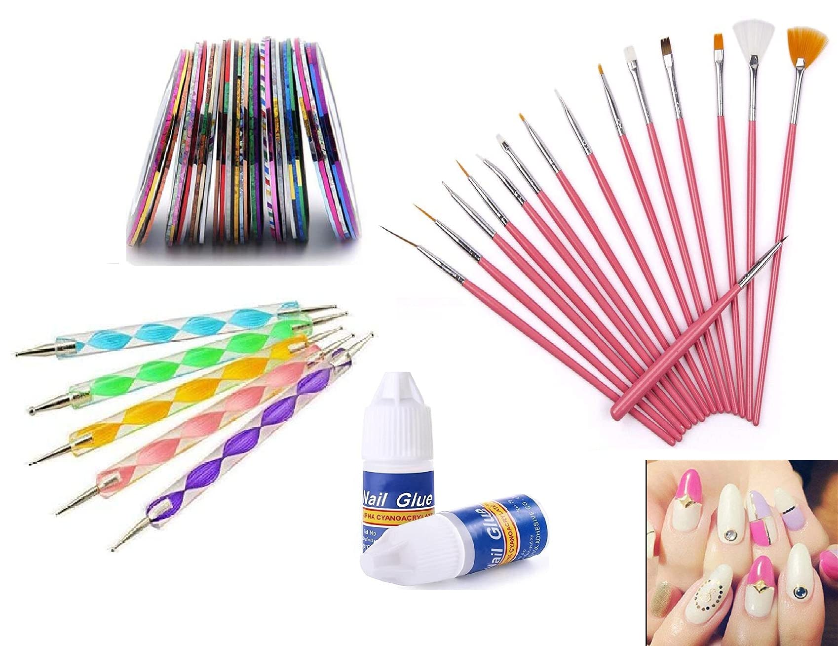 Professional 32-Piece Nail Art Kit - 15 Nail Brushes, 5 Dotting Tools, 10 Round Nail Tapes & 2 Nail Glues for DIY Manicure & Salon Nail Design - Perfect for Home, Spa, and Professional Nail Artists