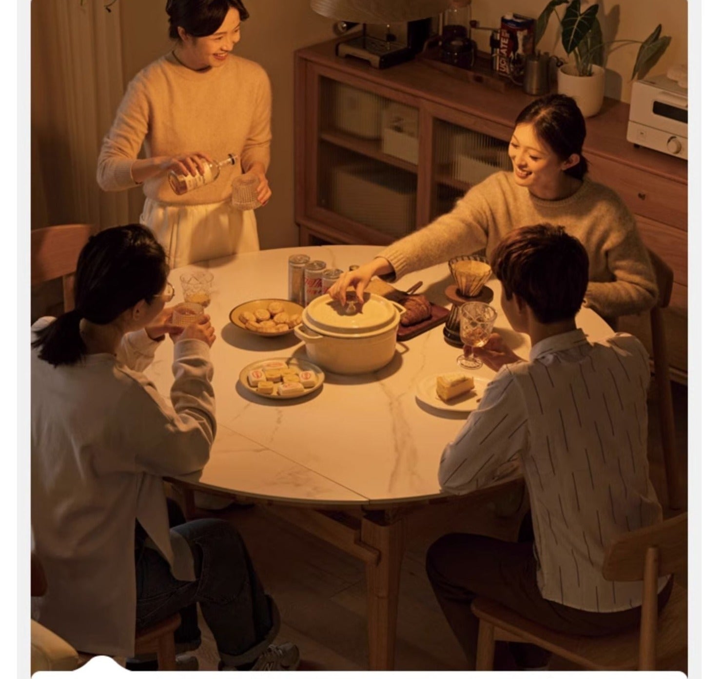 Solid Oak Round Folding Dining Table with Natural Stone Slab Top - Perfect for Small Spaces, Outdoor Dining & Home Decor