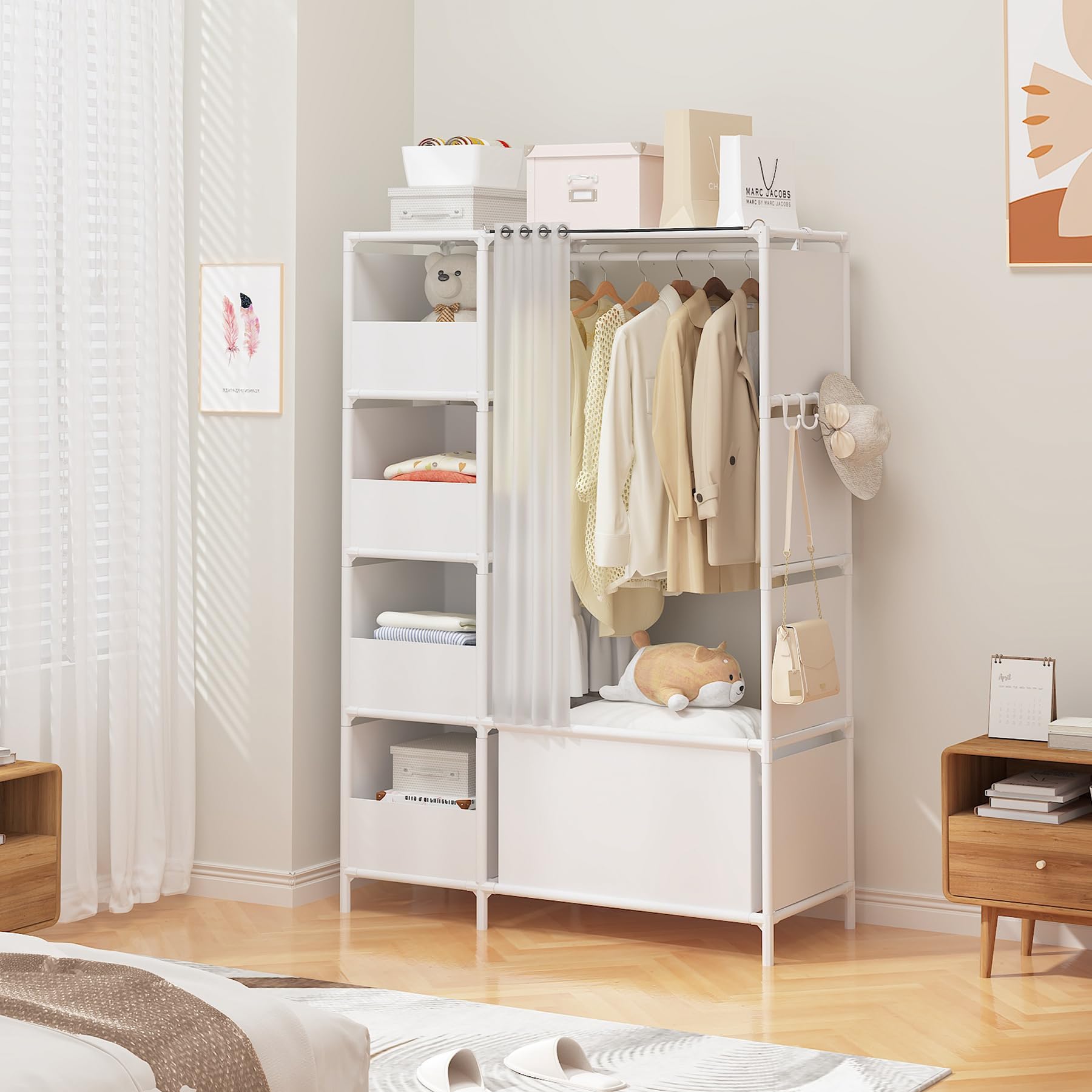 MOYIPIN Portable Closet - Free Standing Wardrobe with Hanging Rod & Curtain, Clothes Storage Organizer for Bedroom, Cloakroom, Dorm - 40.55 x 16.73 x 65.35 Inches, White - Perfect for Small Spaces, Apartment Living & Temporary Storage Solutions