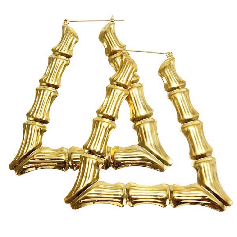 Gold Bamboo Triangle Hollow Hoop Earrings for Women - Large Lightweight Dangle Earrings for Everyday Wear & Special Occasions
