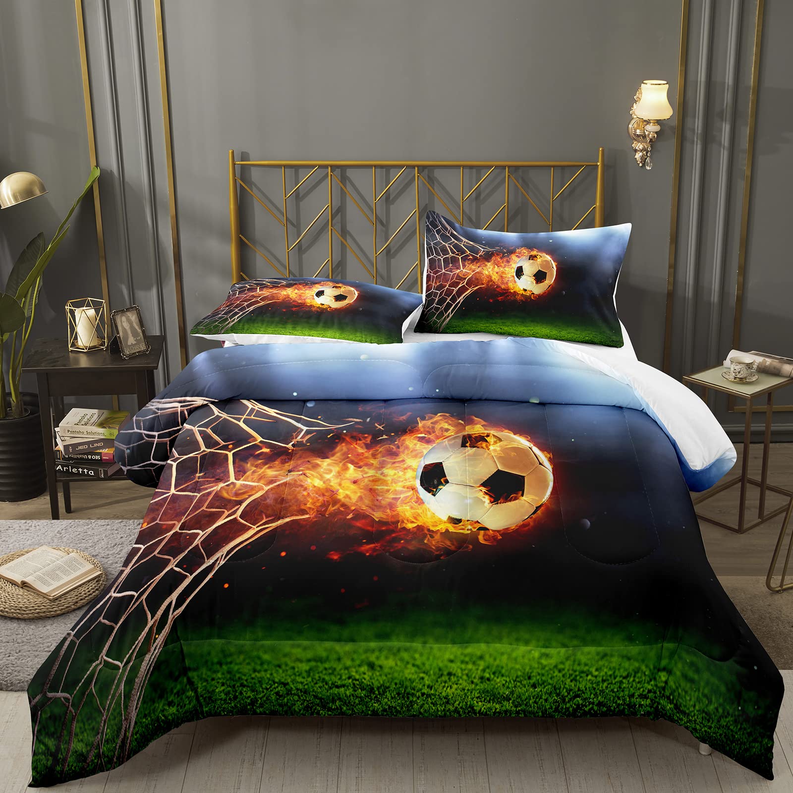 Bodhi Boys Soccer Comforter Set Twin Size - Sports Themed Bedding for Teen & Kids with Matching Pillowcases - Perfect for Football Lovers' Bedroom Decor, Dorm Room Essentials, and Gift Ideas for Young Athletes