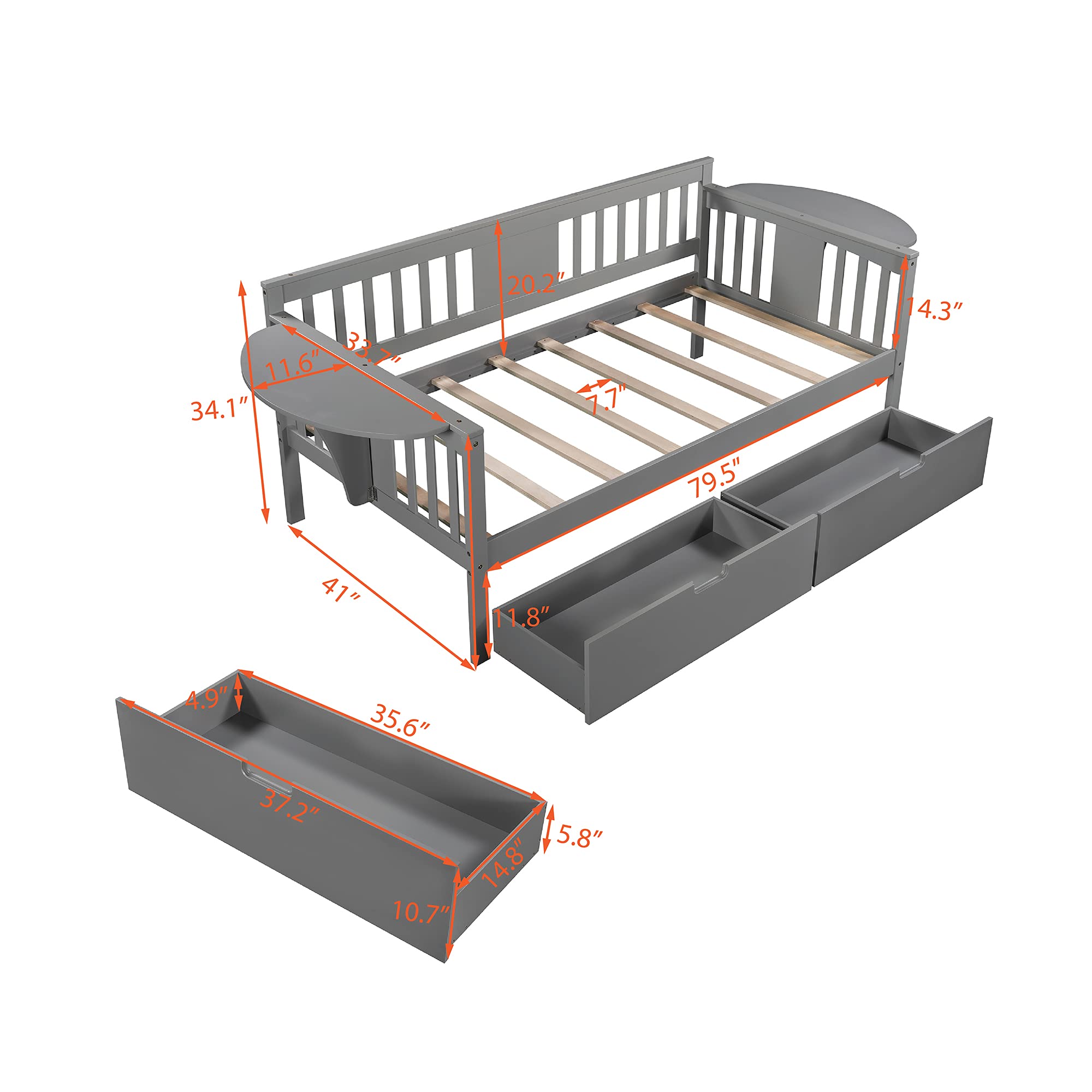 **Solid Wood Twin-Size Daybed with 2 Folding Tables & 2 Drawers – Multi-Functional Bed Frame for Kids, Teens & Guest Rooms – No Box Spring Needed – Perfect for Small Spaces, Sleepovers & Home Offices**