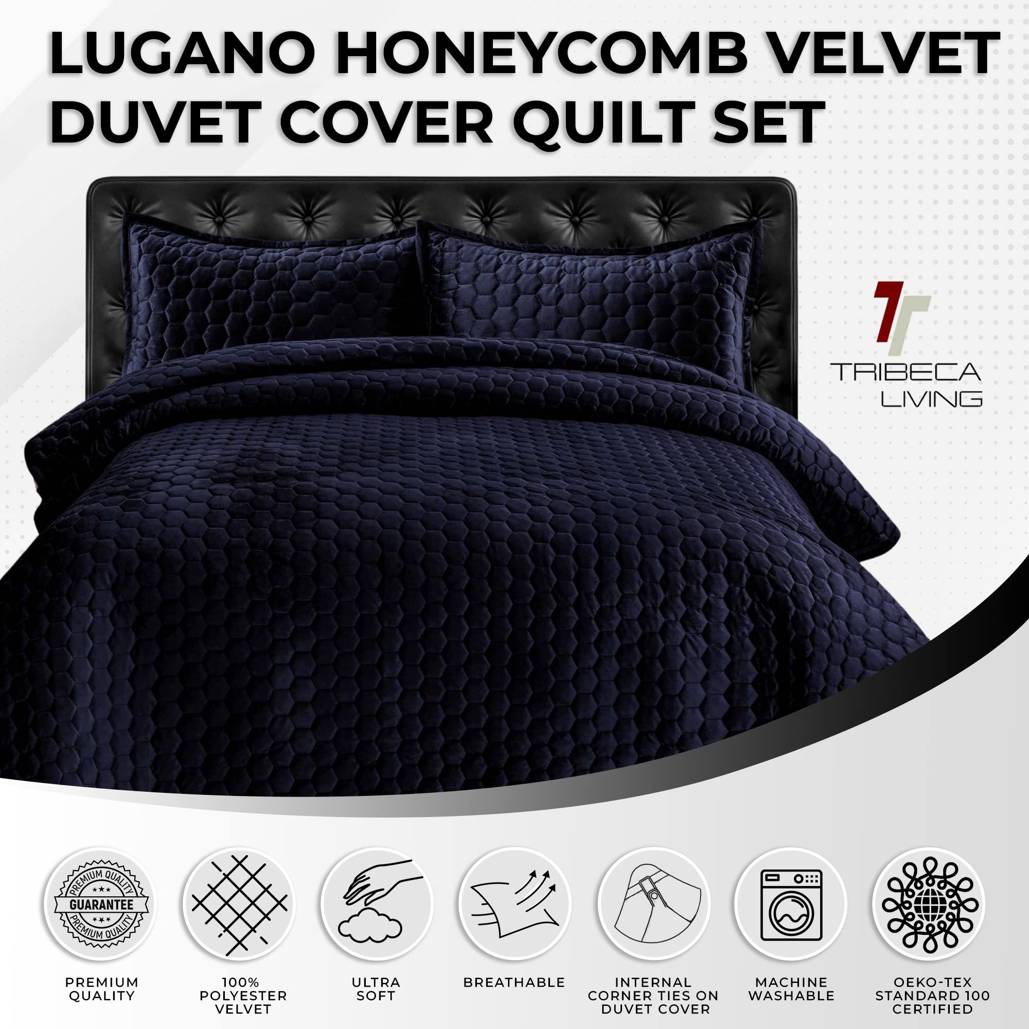 Tribeca Living Velvet Twin Quilt Set - Ultra Soft 260GSM Honeycomb Stitch Bedding with Oversized Quilt & Sham Pillowcase in Indigo Blue | Perfect for Cozy Bedrooms, Guest Rooms & Dorm Decor