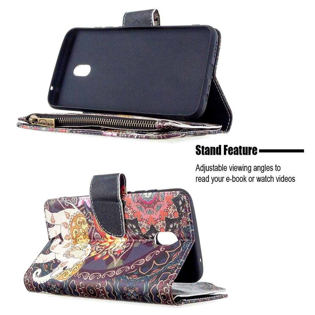 Premium Leather Flip Wallet Case for Xiaomi Redmi 8A - Stylish Zipper Design with Card Slots & Holder (Flower Elephants Pattern) | Perfect for Daily Use, Travel & Business Meetings