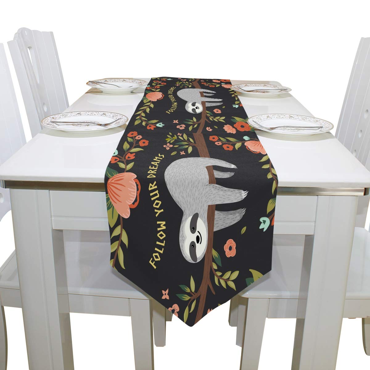AUUXVA 13x70 Inch Sloth Pattern Table Runner - Cute Animal Flower Design Polyester Tablecloth for Dining, Kitchen, Coffee Table - Perfect for Home Decor, Parties, Banquets & Holiday Celebrations