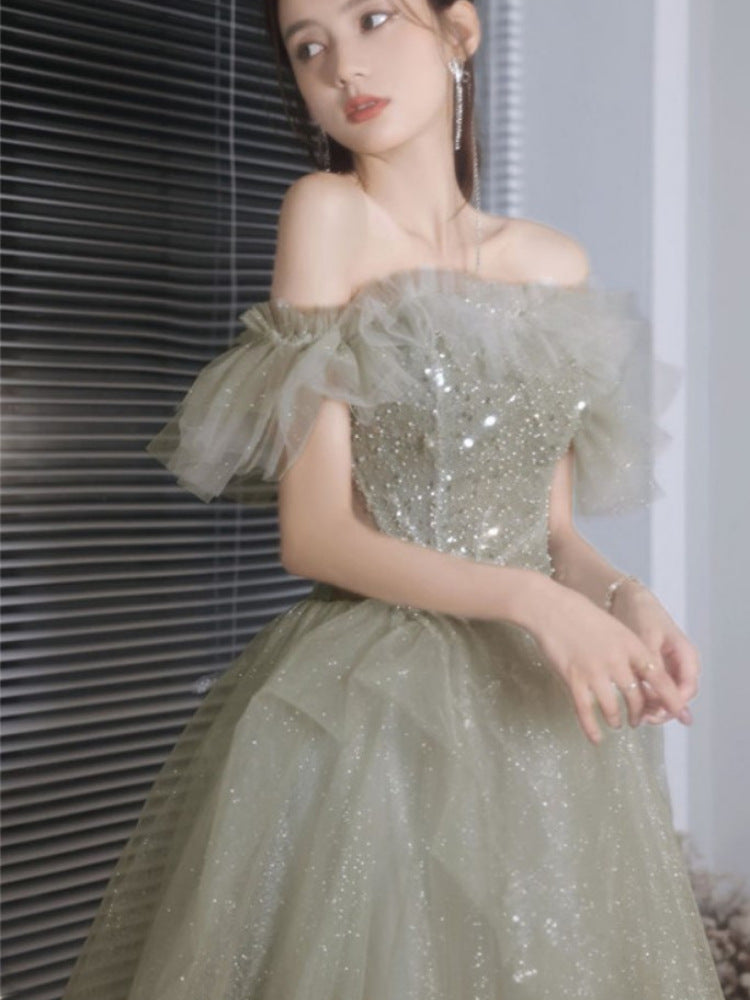 Elegant Beaded Green Tulle Long Prom Dress Off Shoulder Evening Gown for Women - Perfect for Formal Dances, Weddings & Special Occasions