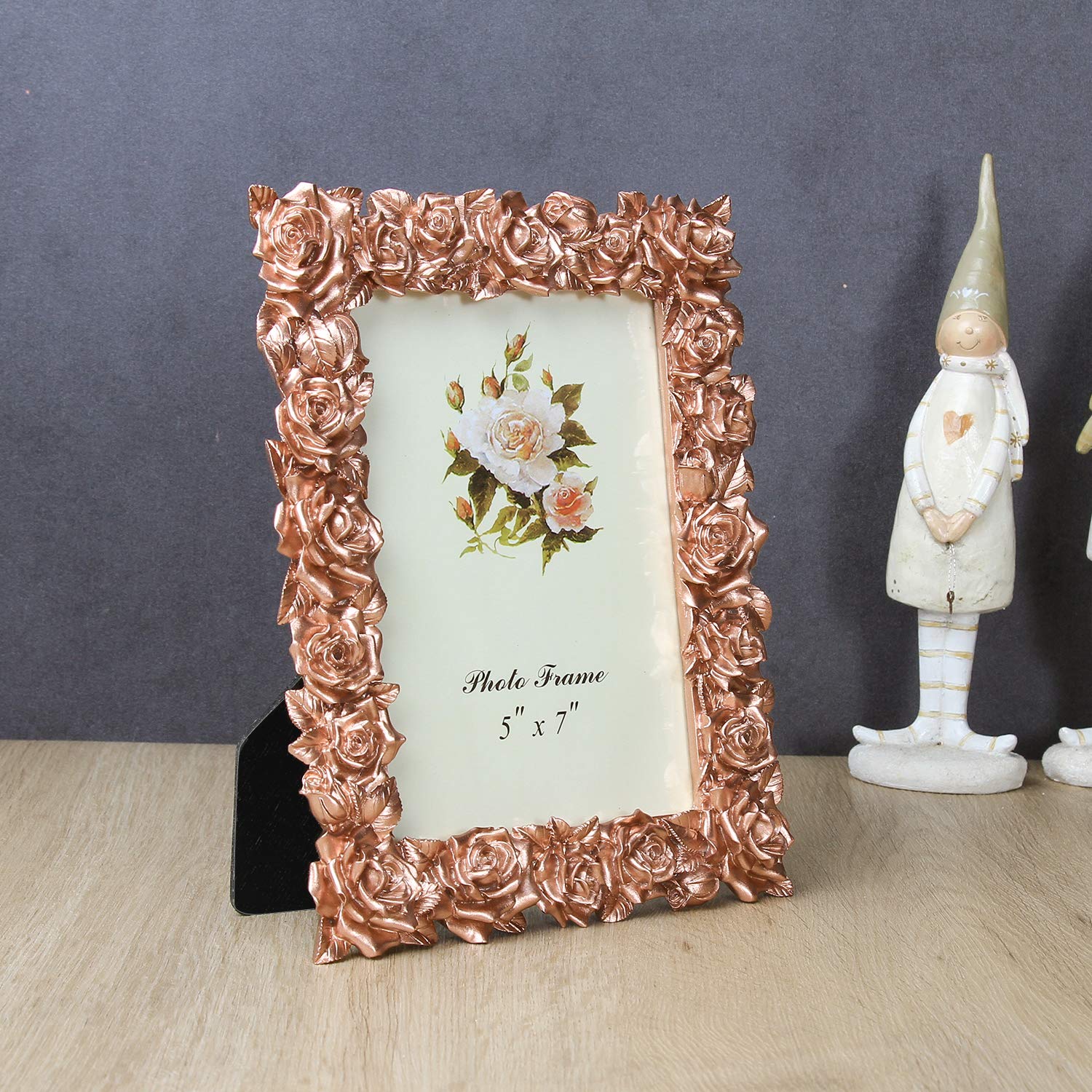 5x7 Inch Rose Gold Resin Picture Frame with Rose Flower Design & HD Plexiglass - Elegant Tabletop Photo Display for Home, Office, Wedding Decor & Gift Giving