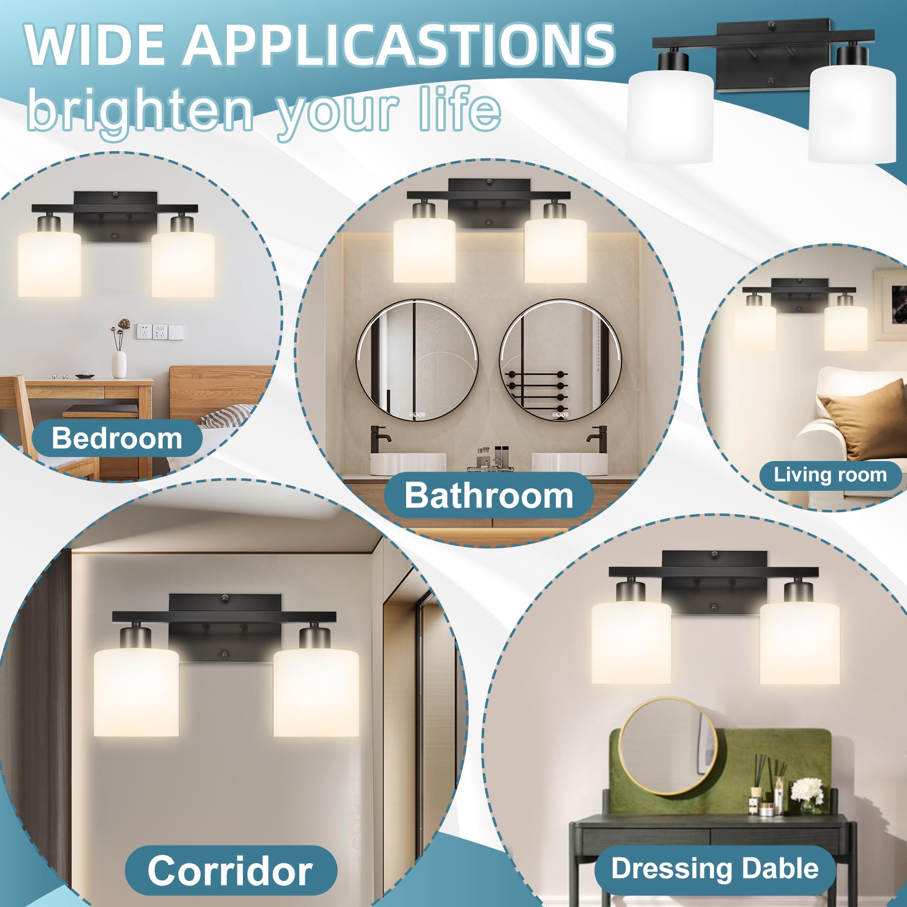 Modern Matte Black Vanity Light - 2-Light Bathroom Fixture for Bedroom & Living Room - E26 Socket, No Bulbs