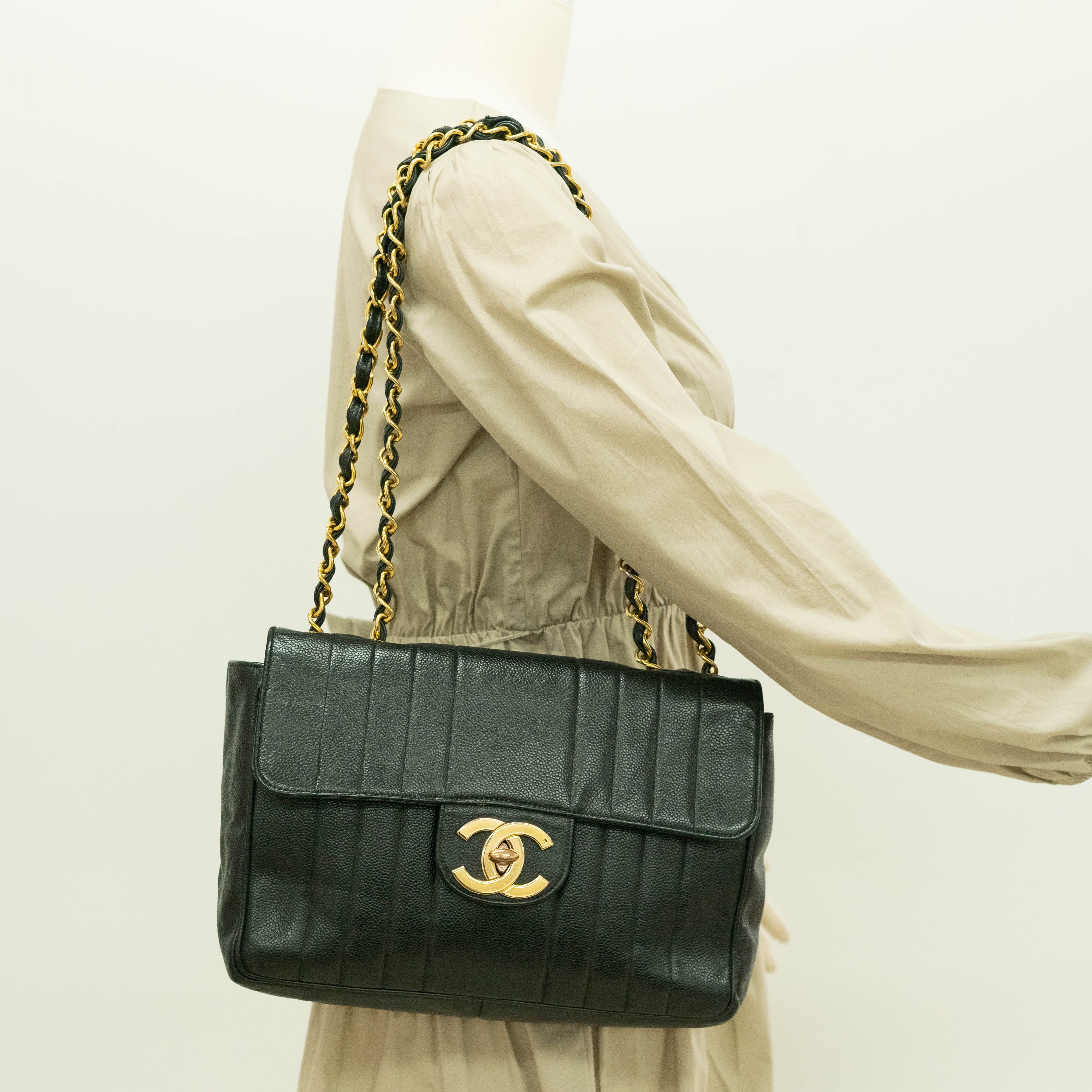 Chanel CC Vertical Jumbo Flap Bag in Black Caviar Leather - Luxury Designer Shoulder Bag for Women, Perfect for Evening Events & Special Occasions