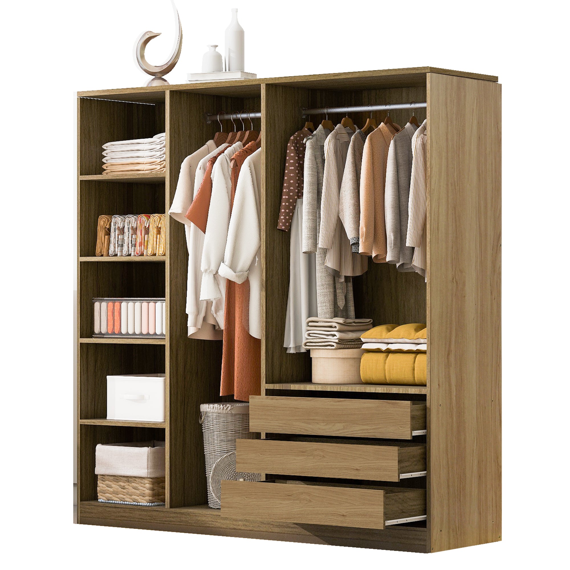 Natural Wooden Doorless Wardrobe with Shelves & 3 Drawers - Bedroom Closet Storage Organizer for Clothes, Shoes & Accessories | Perfect for Small Spaces & Modern Home Decor