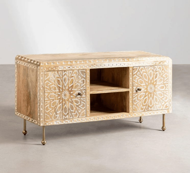 Hand Carved Albaron Solid Wood TV Stand Console - Rustic Wooden Entertainment Center for Living Room, Bedroom & Home Theater