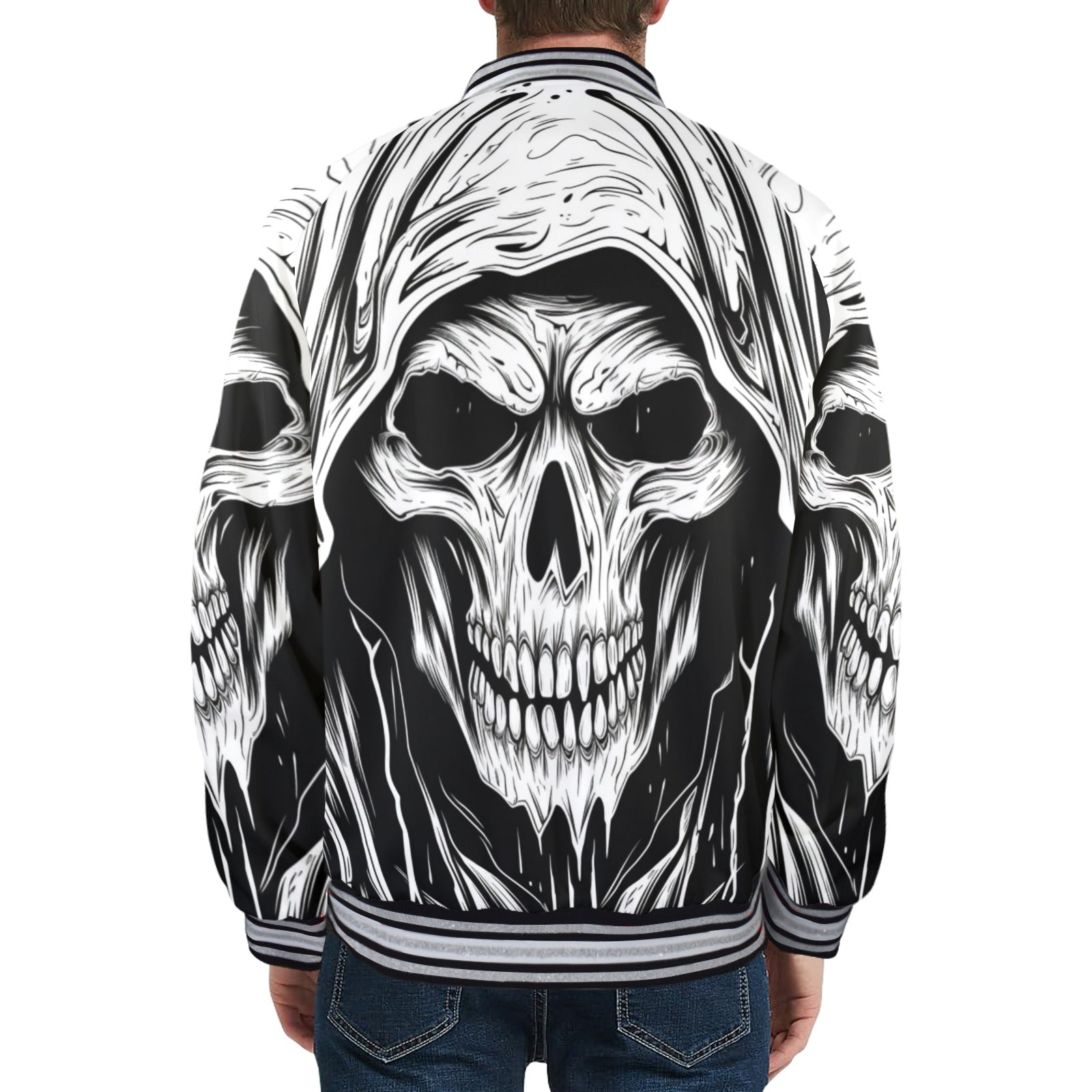 Grim Reaper Striped Trim Bomber Jacket - Gothic Streetwear for Men & Women | Perfect for Halloween, Cosplay, and Alternative Fashion