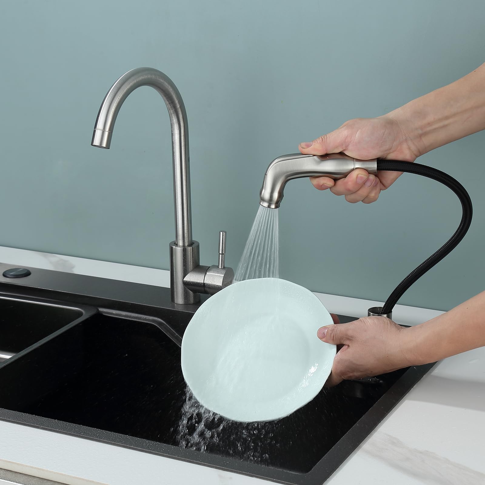 Moen Universal Kitchen Sink Side Sprayer Replacement with Hose and Holder - Brushed Finish, Ideal for Dishwashing and Sink Cleaning