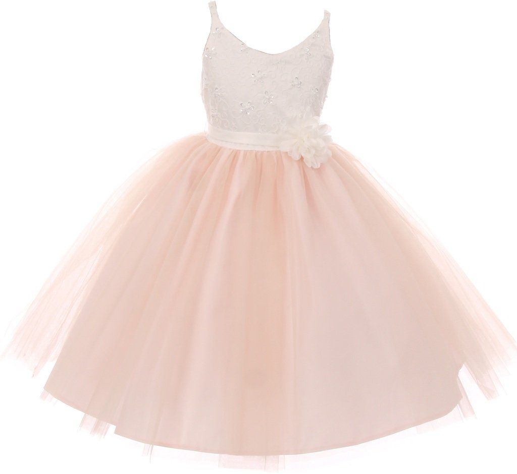 Two Tone V-Neck Beaded Lace Princess Dress for Girls - Floral Easter Party Outfit, Spring Photoshoot & Special Occasion Wear