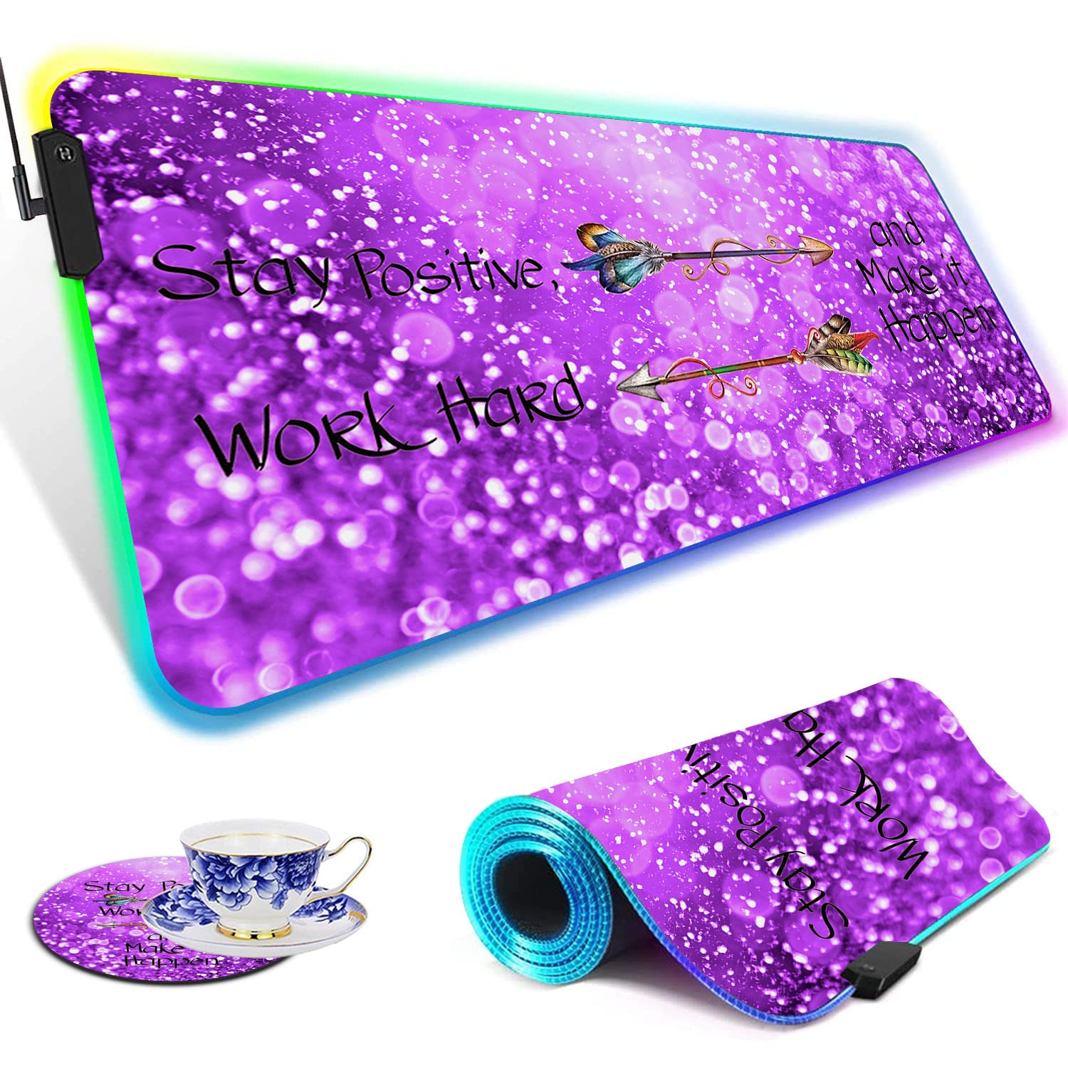RGB Gaming Mouse Pad - Large LED Light-Up Desk Mat with Non-Slip Base, Purple Motivational Design for PC Gamers & Office Workers | Perfect for Esports, Streaming & Home Office Setup