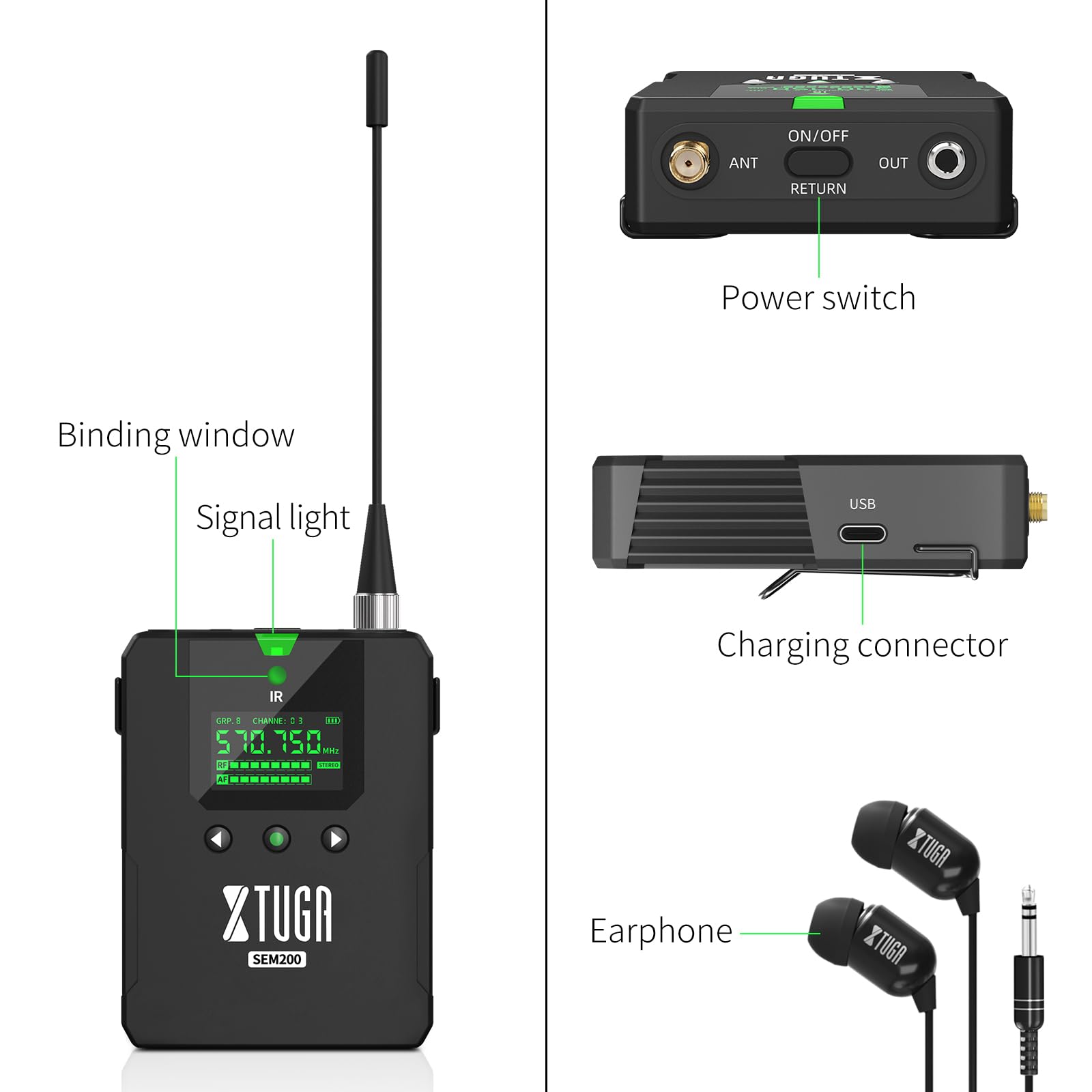 XTUGA SEM200 Professional 2-Channel UHF Wireless In-Ear Monitor System with 230ft Range - 2 Bodypacks + 1 Transmitter for Live Performances, Church Worship & Studio Recording