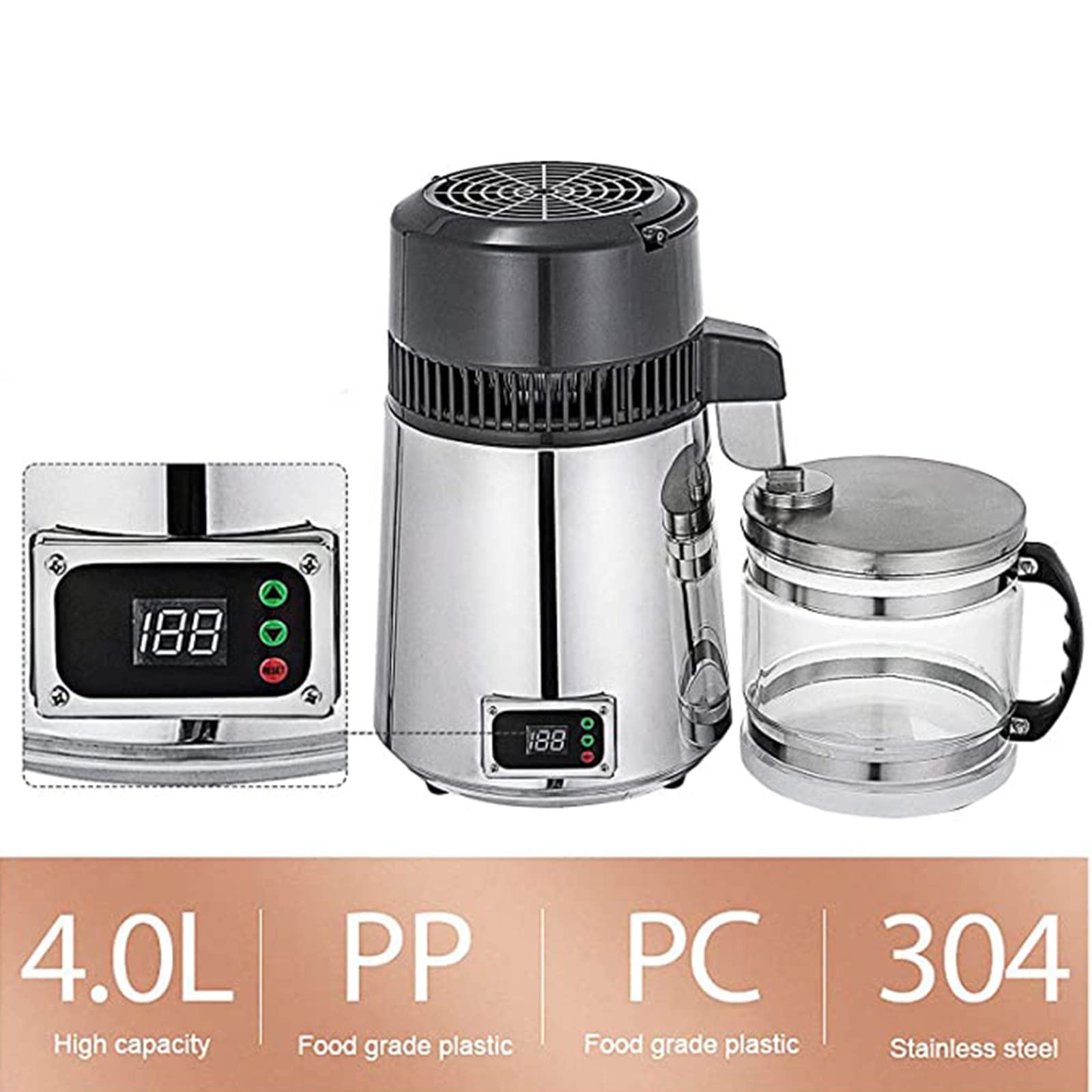 XYEJL 4L Stainless Steel Water Distiller Machine - 750W Countertop Water Purification System with Glass Collection Bottle for Home & Office Use | Perfect for Drinking, Cooking, and Emergency Preparedness