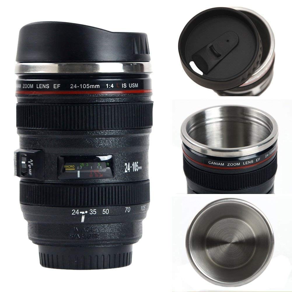 Professional Camera Lens Coffee Mug with Lid - Stainless Steel Travel Mug for Photographers - Perfect Gift for Coffee Lovers & Photography Enthusiasts - Ideal for Office, Travel, and Outdoor Adventures
