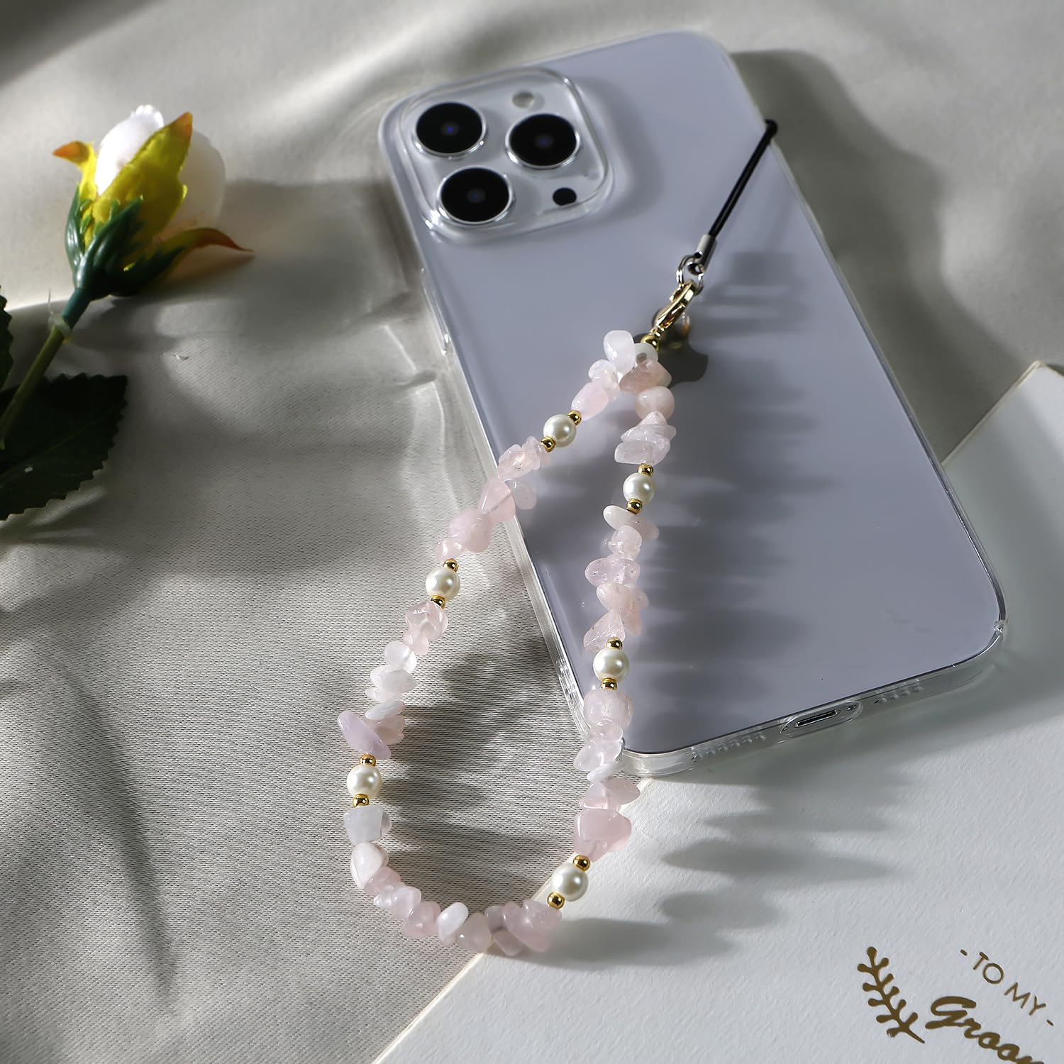 Natural Gemstone Beaded Phone Wrist Strap - Adjustable Phone Lanyard with Charms for Women & Girls (Pink) | Stylish Phone Accessory for Everyday Use, Shopping & Travel