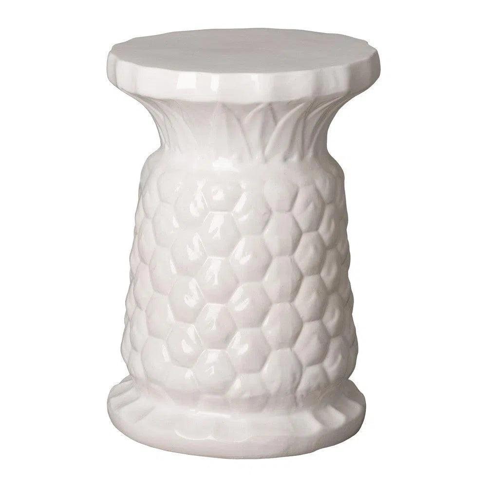 15.5 Inch Pineapple White Ceramic Garden Stool - Outdoor Patio Decor, Balcony Seating, and Tropical Home Accent