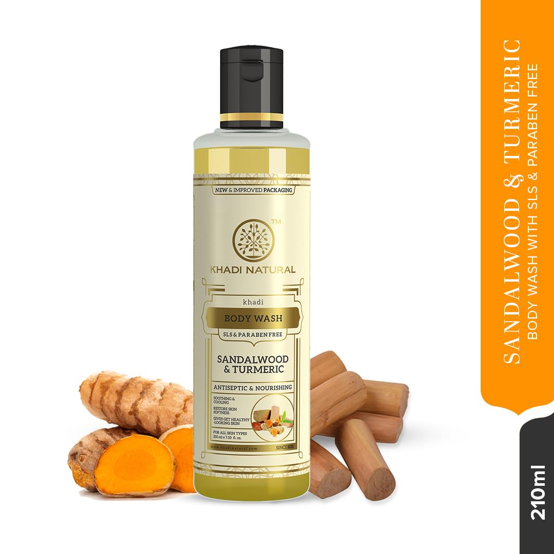 Khadi Herbal Sandal & Turmeric Body Wash - SLS & Paraben Free, 210ml | Natural Ayurvedic Cleanser for Dry & Sensitive Skin | Perfect for Daily Shower & Spa Relaxation