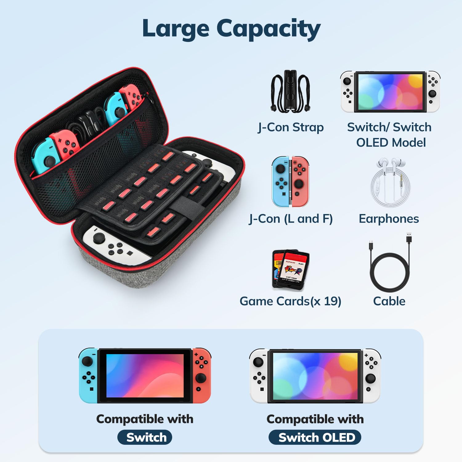 Younik Hard Carrying Case for Nintendo Switch & Switch OLED - Enhanced Version with Larger Storage Space for 19 Games, Official AC Adapter & Accessories | Portable Protection for Travel, Commuting & Gaming On-The-Go