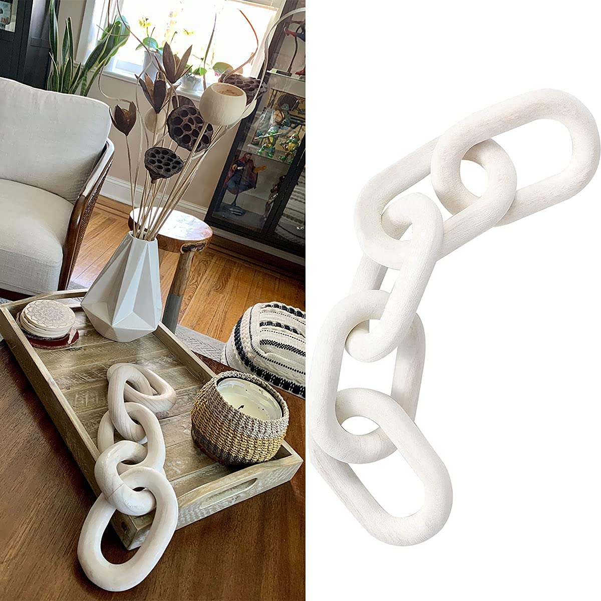 Hand Carved Boho Wood Chain Link Decor - Sustainable Pine Farmhouse Decorative Chain for Coffee Table, Shelf, Wall | Home & Living Room Decor (White) - Perfect for Boho, Rustic & Modern Interior Design Styles