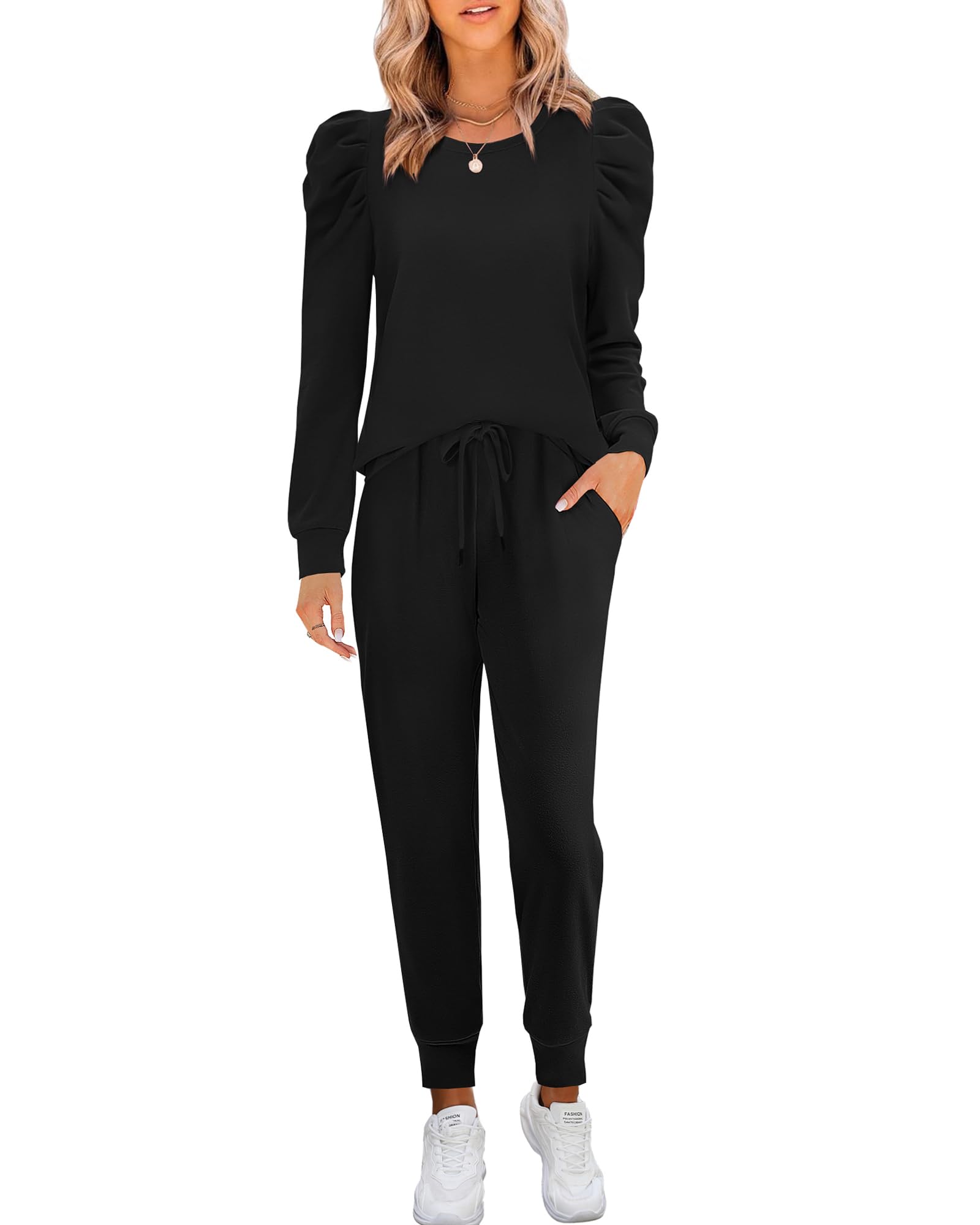 Onedreamer Women's 2-Piece Sweatsuit Set - Cozy Puff Long Sleeve Crewneck Pullover & Jogger Pants Lounge Outfit | Perfect for Yoga, Running Errands & Relaxing at Home