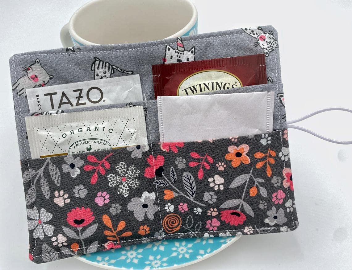 Floral Kitty Gray Tea Bag Organizer Wallet Case - Portable Storage for Tea Bags, Perfect for Travel, Office & Home Use