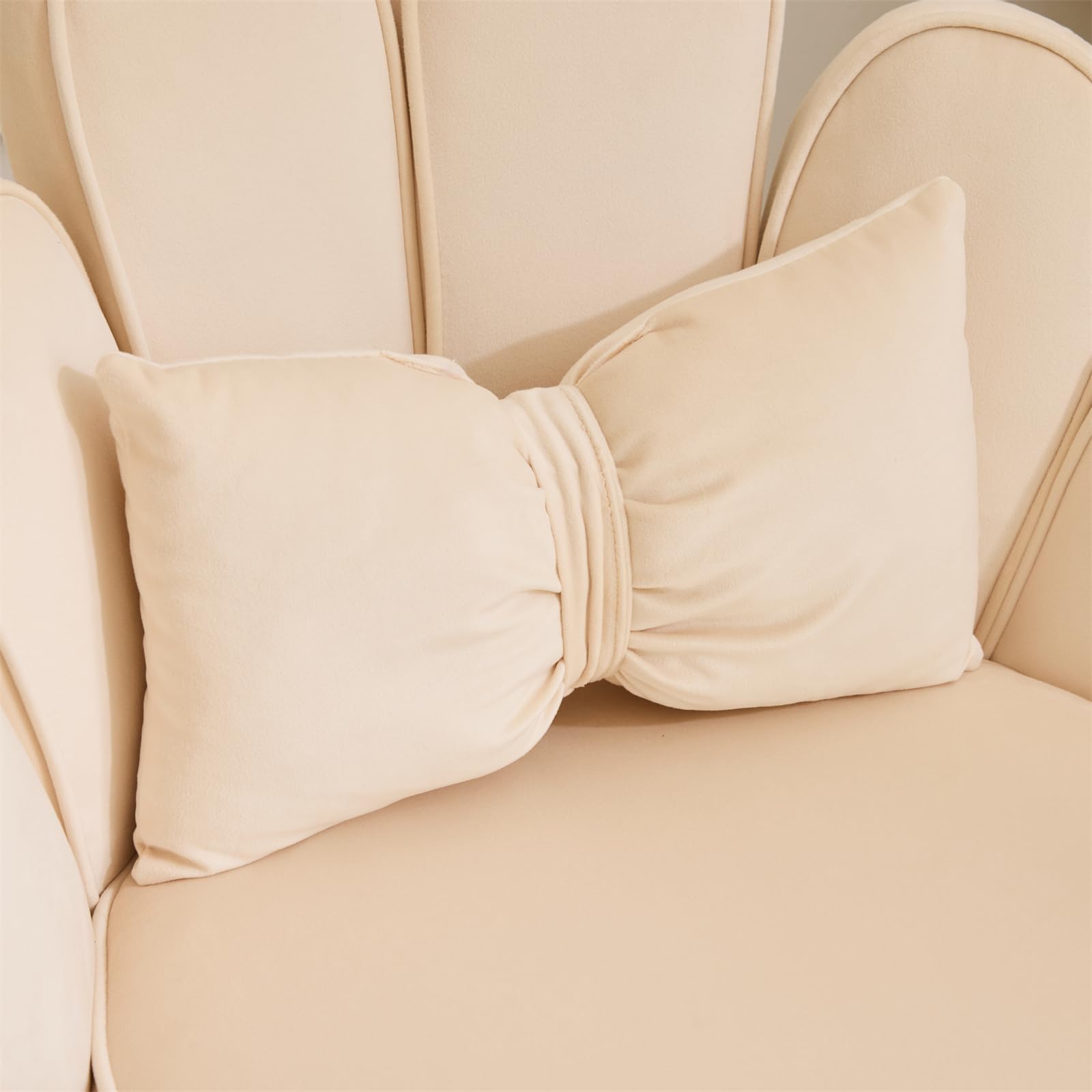VINGLI Velvet Petal Makeup Vanity Chair with Back - Cute Flower Design Desk Chair, Adjustable Gold Legs & Bow Pillow - No Wheels Comfy Seating for Home Office, Bedroom, Dressing Room - Modern Accent Chair in Beige