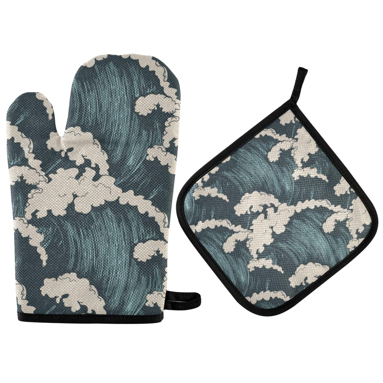 OTVEE Heat Resistant Oven Mitts & Pot Holders Set - Blue Ocean Wave Storm Surf Sailor Printed Kitchen Gloves for Cooking, Baking, Grilling - Machine Washable BBQ Accessories for Home Kitchen & Outdoor Camping
