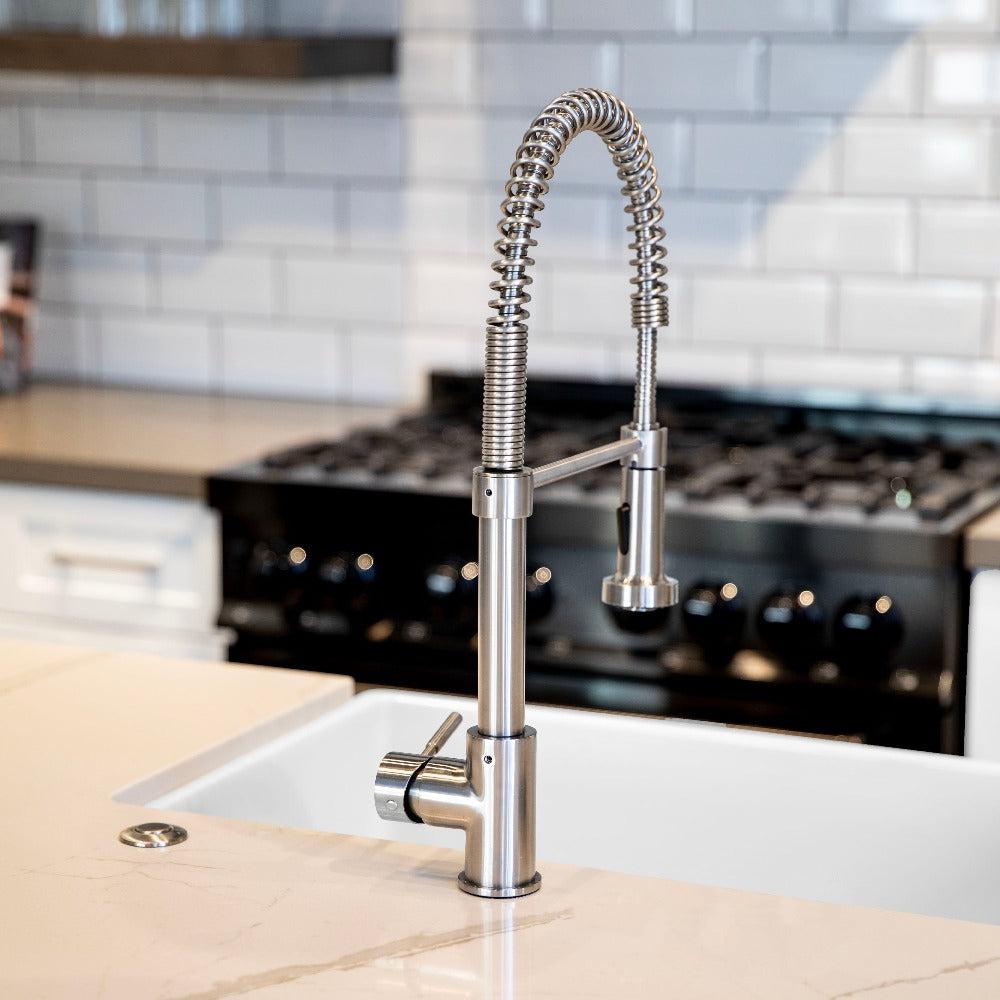 ZLINE Apollo Pull Down Spring Single Handle Kitchen Faucet in Brushed Nickel - High Arc Modern Design for Easy Dishwashing & Food Prep, Perfect for Home & Restaurant Kitchens (APL KF BN)